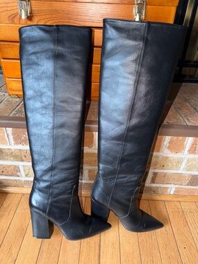 LADIES SZ 7 STUART WEITZMAN 4” WEDGE HEEL KNEE HIGH POINTY TOE BOOTS EUC $800 rt